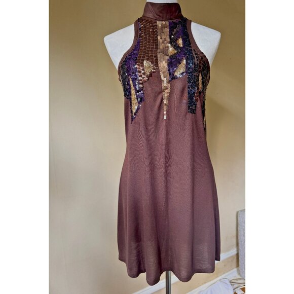 Vintage Y2K Women's Chocolate Brown‎ Sequin Halter Mini Dress Sz S Glam Cocktail - Picture 1 of 14